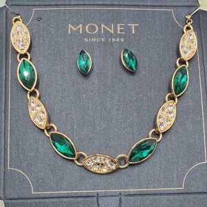Monet Emerald Green Crystal Necklace and Earring Set NWT Glam Prom Gala